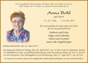 Traueranzeige von Anna Bohl 