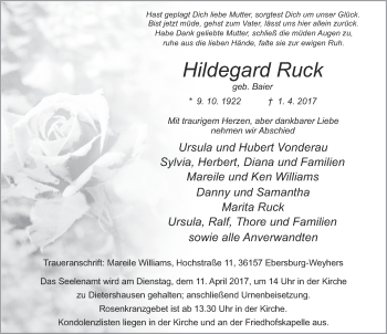 Traueranzeige von Hildegard Ruck 