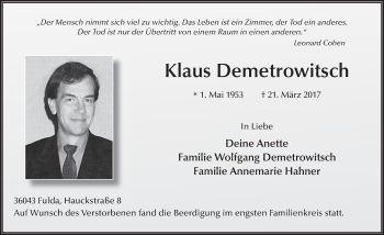 Traueranzeige von Klaus Demetrowitsch 