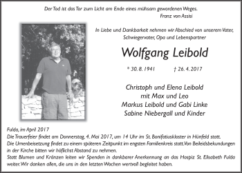Traueranzeige von Wolfgang Leibold 