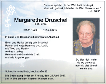 Traueranzeige von Margarethe Druschel 