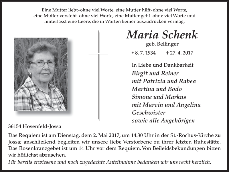  Traueranzeige für Maria Schenk vom 29.04.2017 aus 