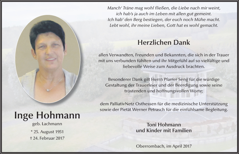  Traueranzeige für Inge Hohmann vom 08.04.2017 aus 