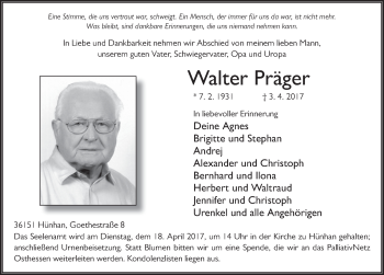 Traueranzeige von Walter Präger 