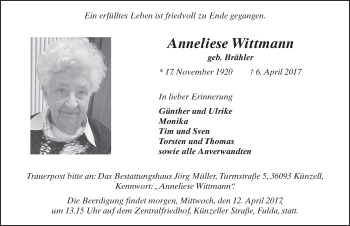 Traueranzeige von Anneliese Wittmann 