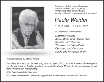 Traueranzeige von Paula Weider 