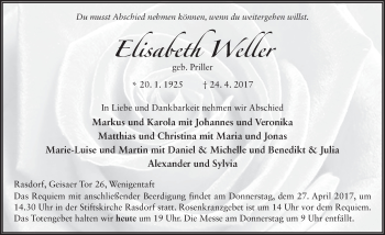 Traueranzeige von Elisabeth Weller 