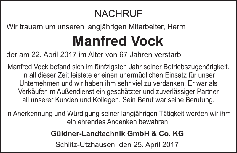  Traueranzeige für Manfred Vock vom 25.04.2017 aus 