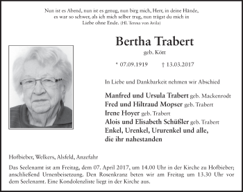 Traueranzeige von Bertha Trabert 