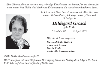 Traueranzeige von Hildegard Grösch 