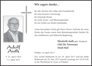 Traueranzeige von Adolf Auth 