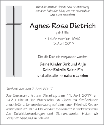 Traueranzeige von Agnes Rosa Dietrich 