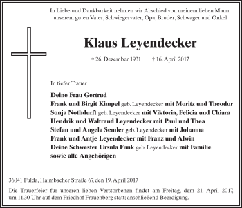 Traueranzeige von Klaus Leyendecker 