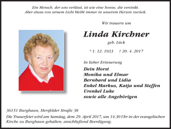 Traueranzeige von Linda Kirchner 
