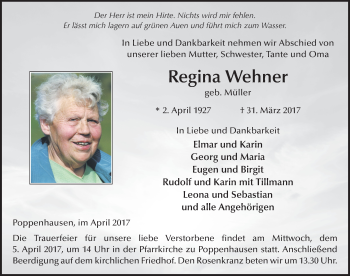 Traueranzeige von Regina Wehner 