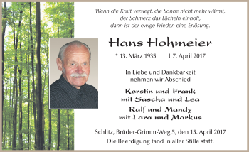 Traueranzeige von Hans Hohmeier 