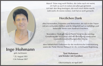 Traueranzeige von Inge Hohmann 