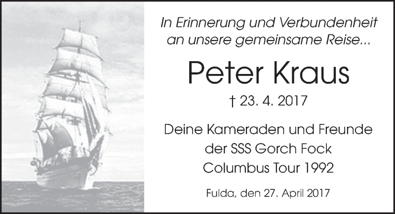  Traueranzeige für Peter Kraus vom 27.04.2017 aus 