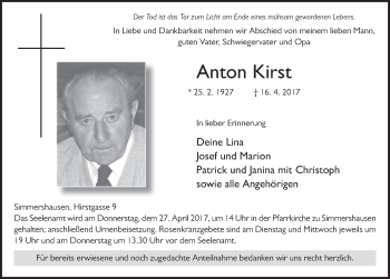 Traueranzeige von Anton Kirst 