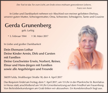 Traueranzeige von Gerda Grunenberg 