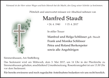 Traueranzeige von Manfred Staudt 