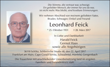 Traueranzeige von Leonhard Feick 