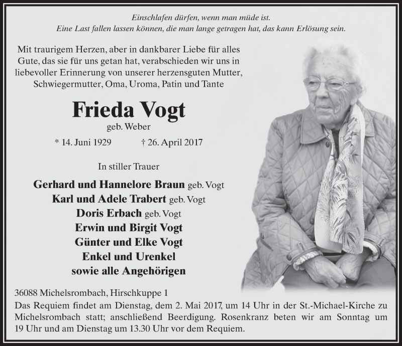  Traueranzeige für Frieda Vogt vom 29.04.2017 aus 