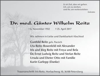 Traueranzeige von Wilhelm Reitz 