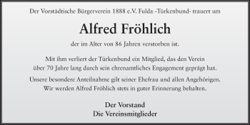 Traueranzeige von Alfred Fröhlich 