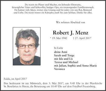 Traueranzeige von Robert Menz 