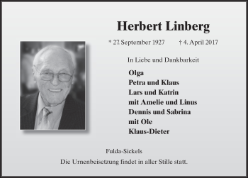 Traueranzeige von Herbert Linberg 