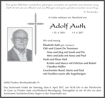 Traueranzeige von Adolf Auth 