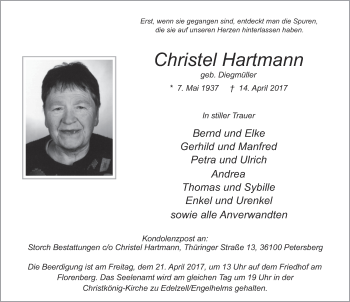 Traueranzeige von Christel Hartmann 