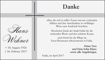 Traueranzeige von Hans Wehner 