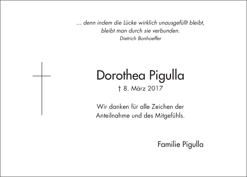  Traueranzeige für Dorothea Pigulla vom 15.04.2017 aus 
