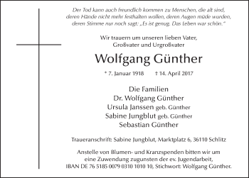 Traueranzeige von Wolfgang Günther 