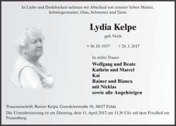 Traueranzeige von Lydia Kelpe 
