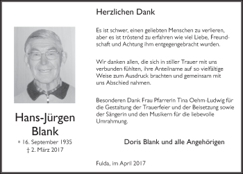 Traueranzeige von Hans-Jürgen Blank 