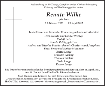 Traueranzeige von Renate Wilke 