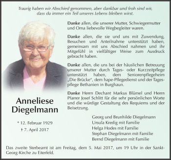 Traueranzeige von Anneliese Diegelmann 