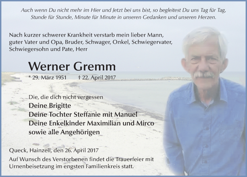  Traueranzeige für Werner Gremm vom 26.04.2017 aus 