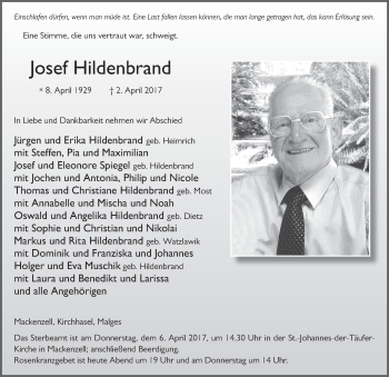 Traueranzeige von Josef Hildenbrand 