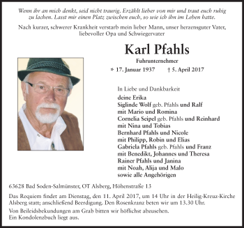 Traueranzeige von Karl Pfahls 