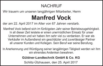 Traueranzeige von Manfred Vock 