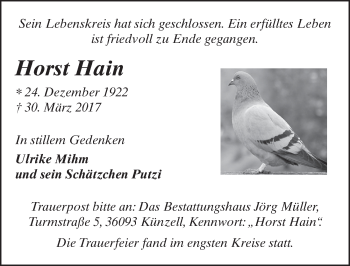 Traueranzeige von Horst Hain 
