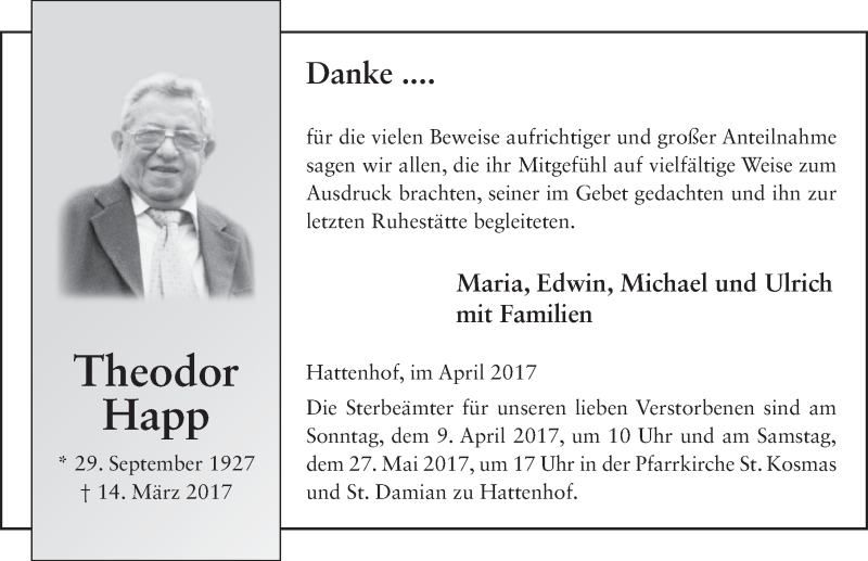  Traueranzeige für Theodor Happ vom 07.04.2017 aus 