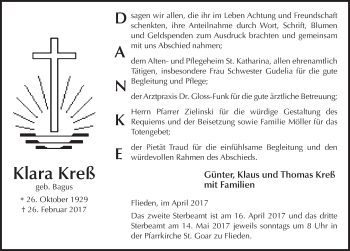 Traueranzeige von Klara  Kreß 