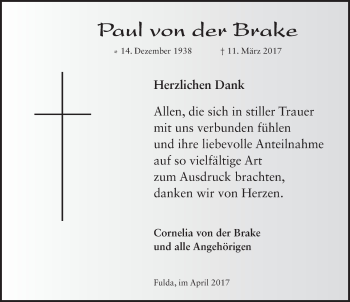 Traueranzeige von Paul von der Brake 