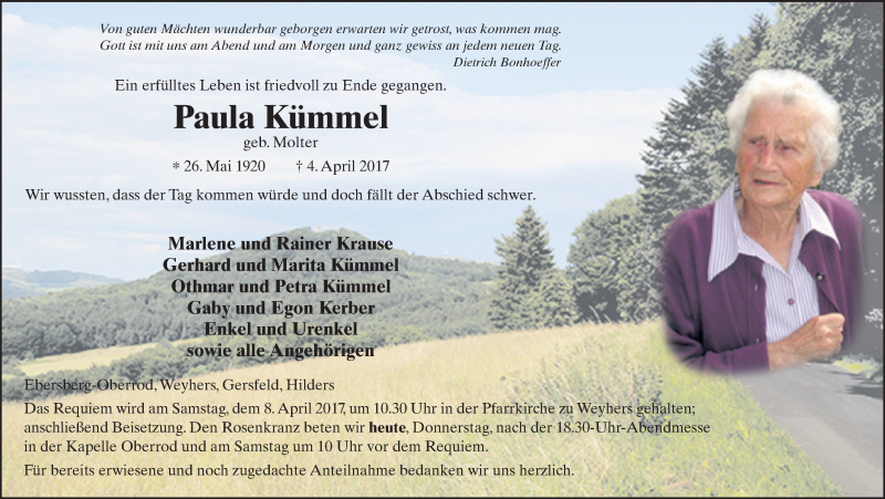 Traueranzeige für Paula Kümmel vom 06.04.2017 aus 