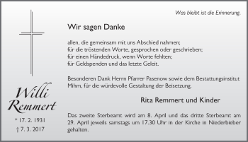 Traueranzeige von Willi Remmert 